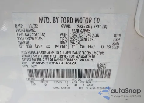 2022 Ford Explorer Xlt z USA, uszkodzony, nr VIN 1FMSK7DH6NGC32429